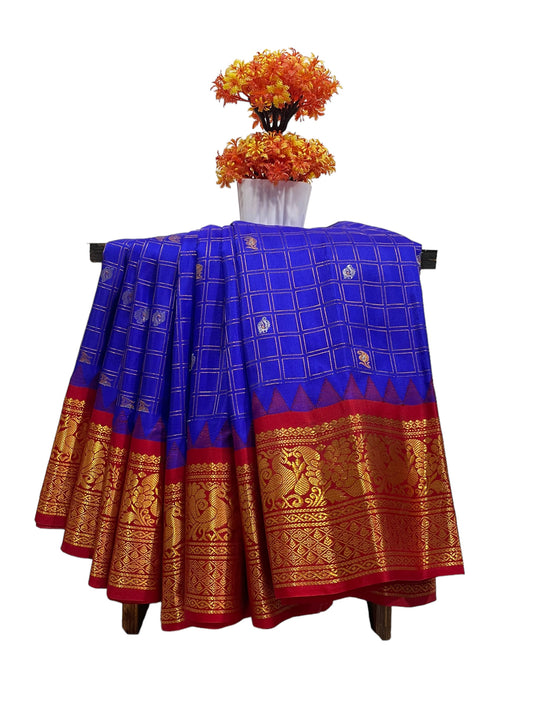 Humsa Big Checks Royal Blue Pure Silk Saree