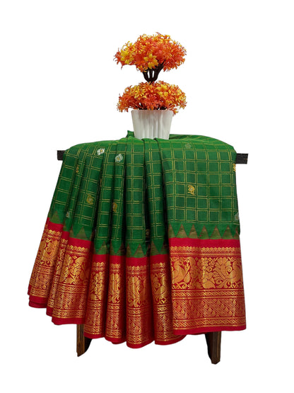 Humsa Big Checks Bottle Green Pure Silk Saree