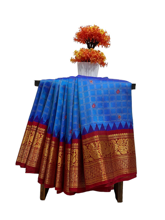 Humsa Big Checks Cobalt Blue Pure Silk Saree