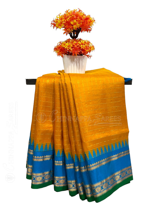 Gadwal Border Checks Yellow Orange Pure Silk Saree