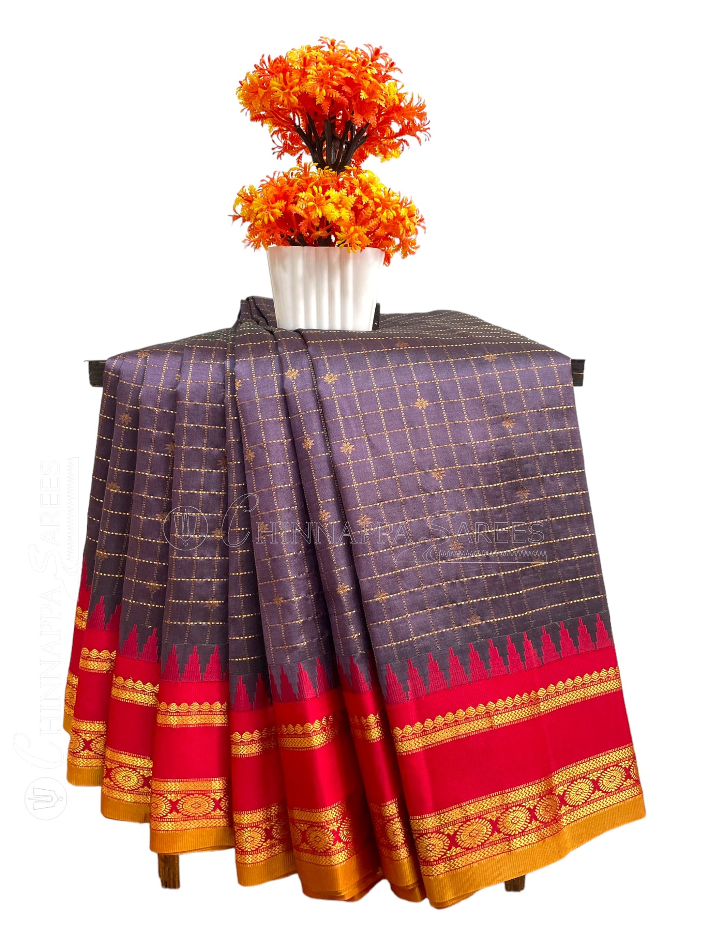 Gap Border Checks Blue Lilac Pure Silk Saree