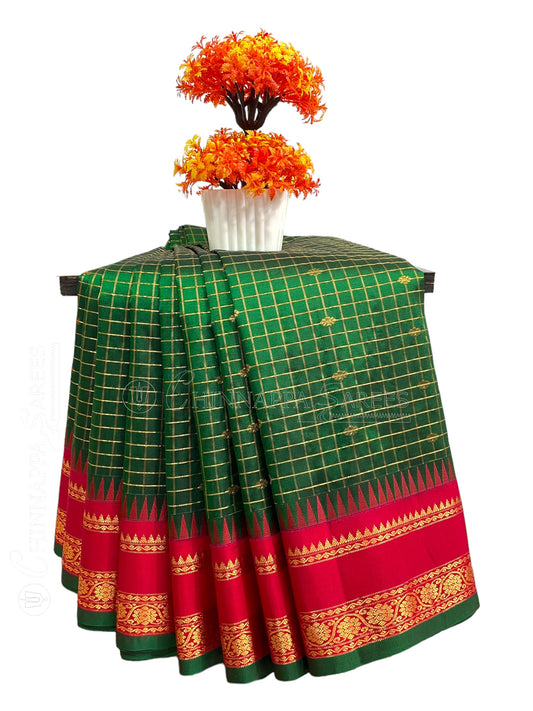 Gap Border Checks Dark Green Pure Silk Saree