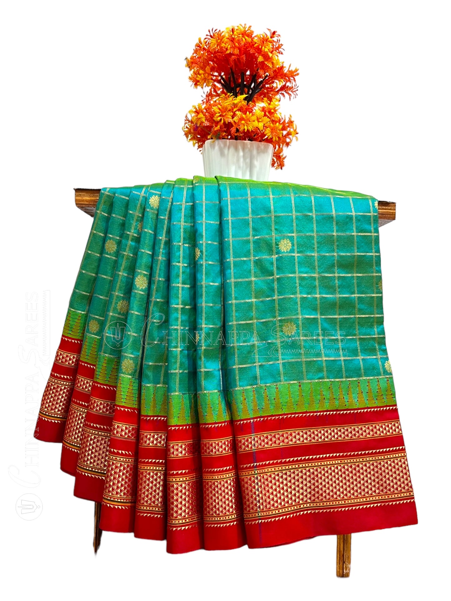 Peshwai Big Checks Bluish Green Pure Silk Saree