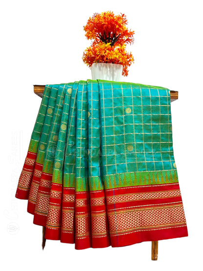 Peshwai Big Checks Bluish Green Pure Silk Saree