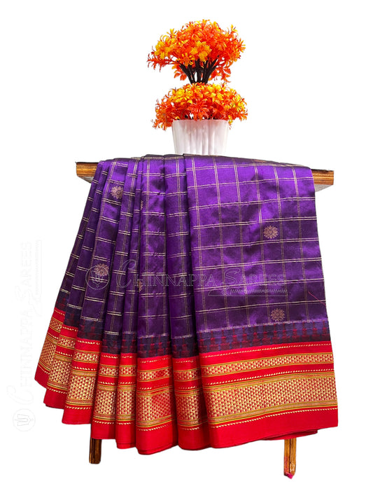 Big Peshwai Checks Violet Pure Silk Saree