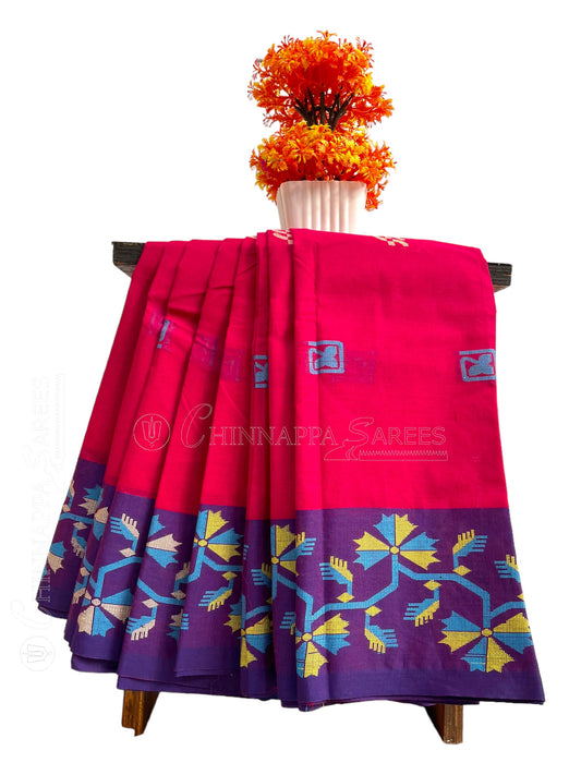 Bengali Tomato Pink Cotton Sarees