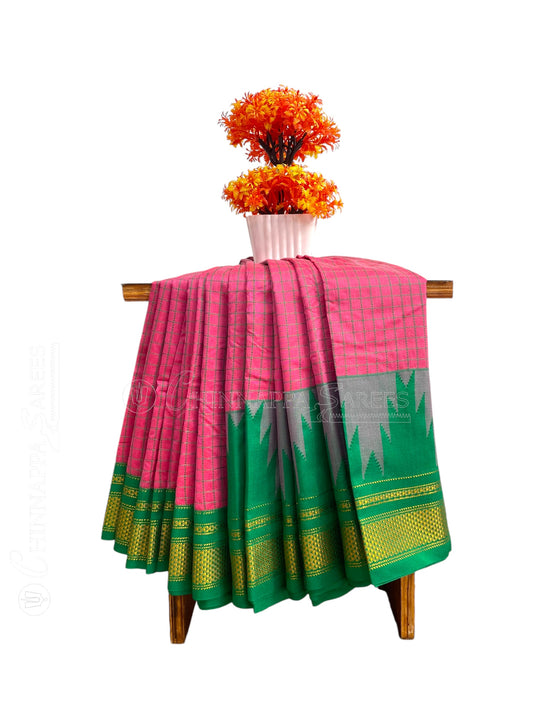 Big Temple Checks Magenta Pink Half-Mix Sarees