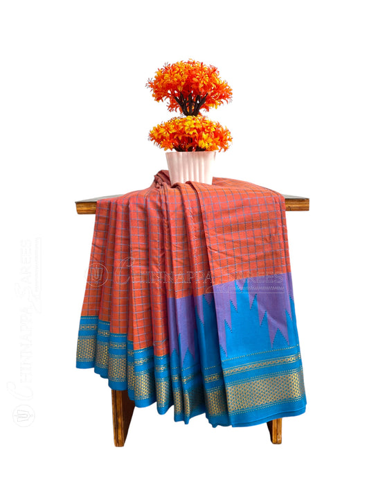 Big Temple Checks Rosewood Half-Mix Sarees