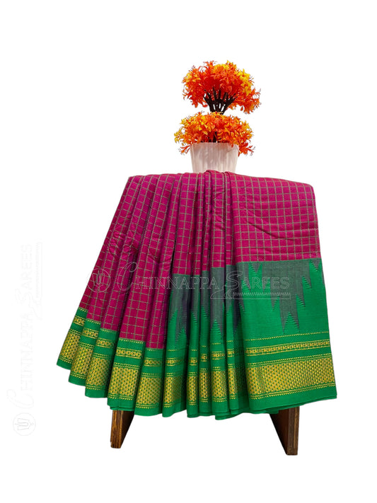 Big Temple Checks Magenta Half-Mix Sarees