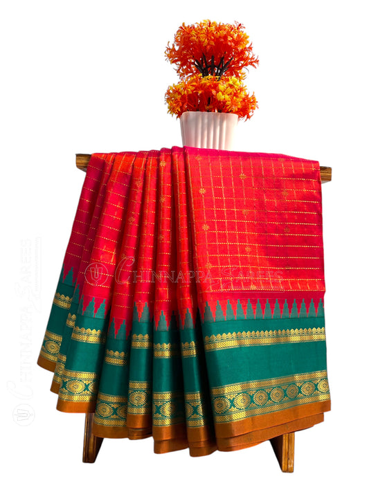 Gap Border Checks Tomato Red Pure Silk Saree