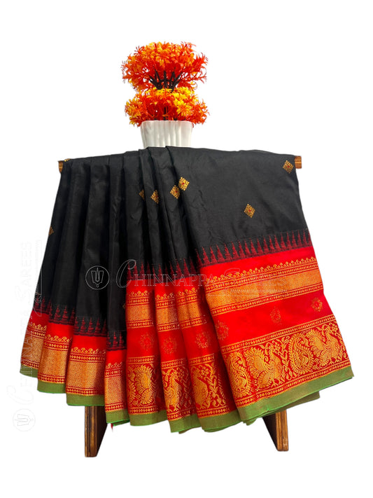 Kanchi Border Butta Black Pure Silk Saree