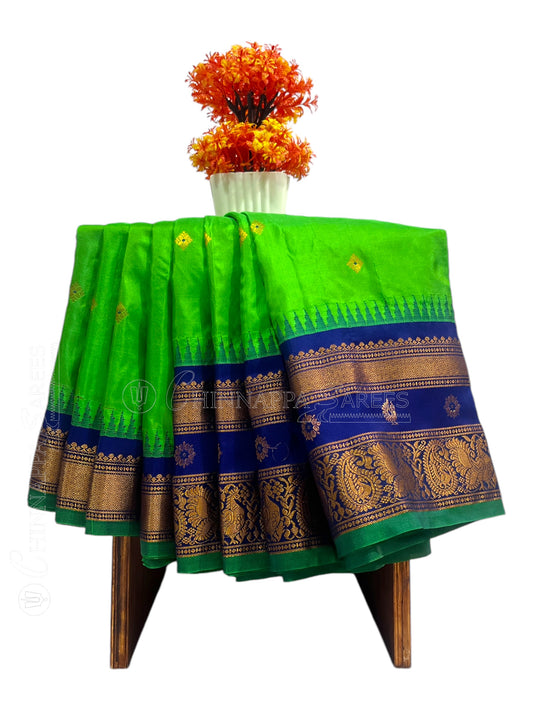 Kanchi Border Butta Parrot Green Pure Silk Saree