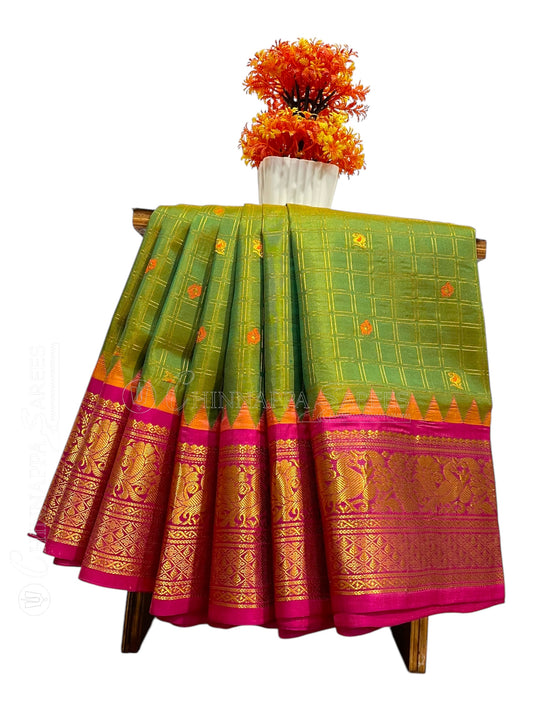 Humsa Big Checks Olive Green Pure Silk Saree