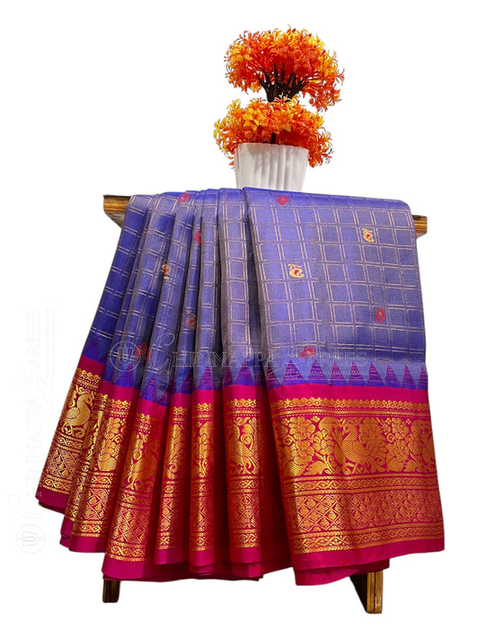 Humsa Big Checks Dark Lavender Pure Silk Saree