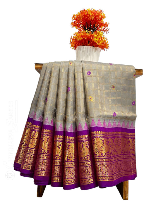 Humsa Big Checks Light Grey  Pure Silk Saree