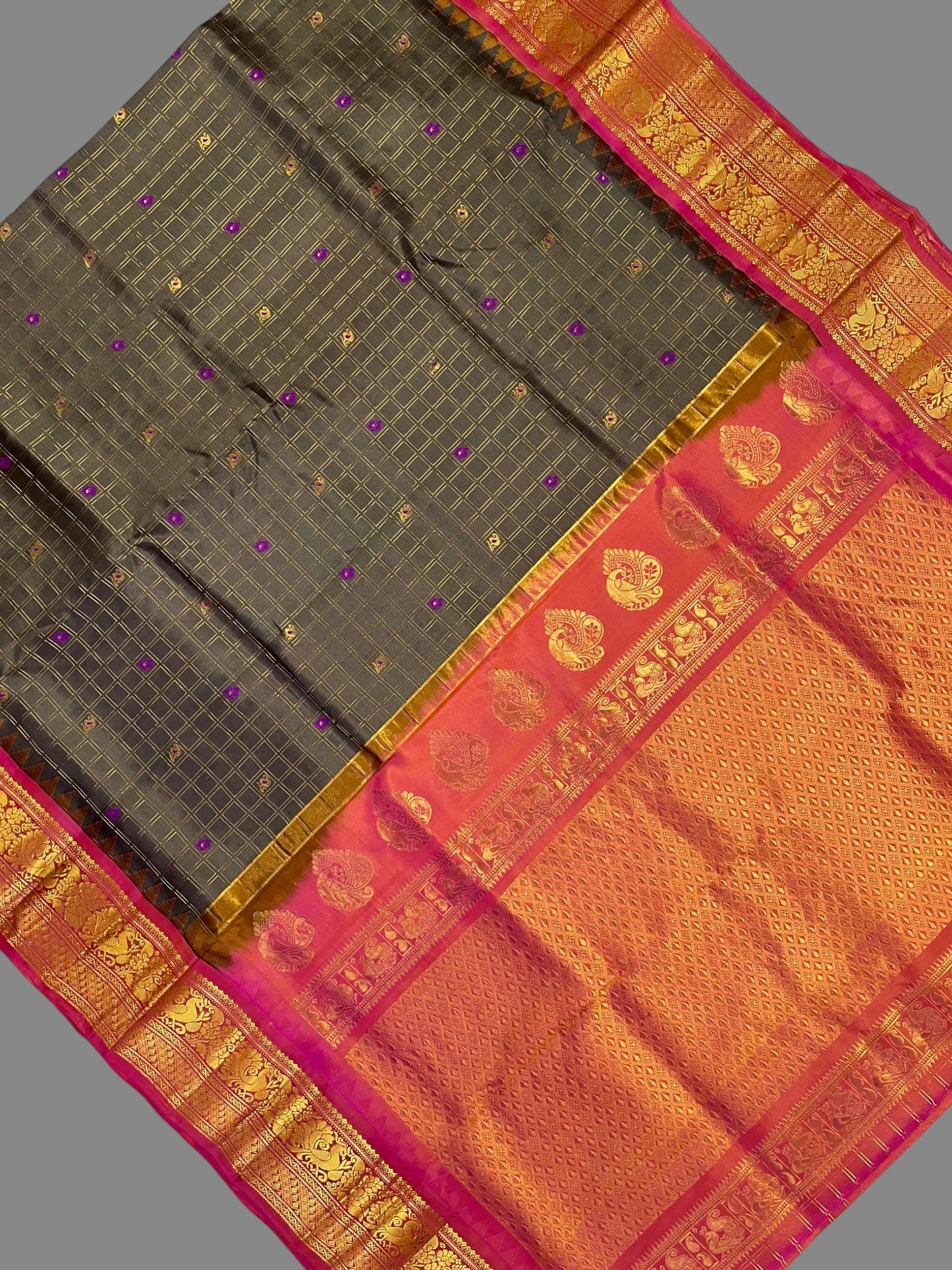 Humsa Big Checks Brown Pure Silk Saree