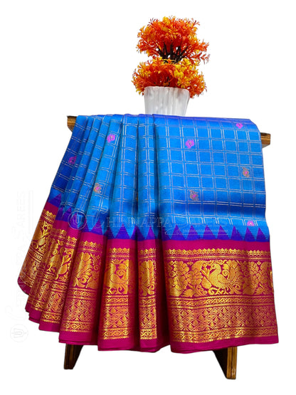 Humsa Big Checks Blue Pure Silk Saree