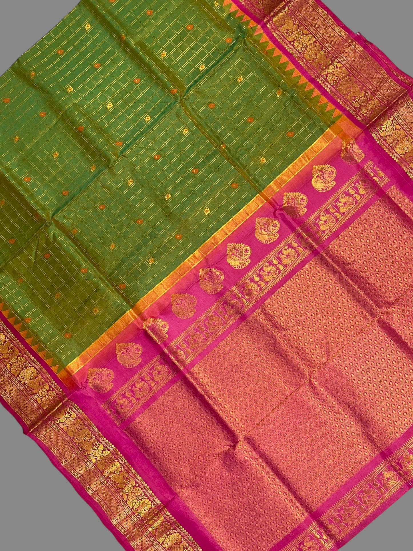 Humsa Big Checks Olive Green Pure Silk Saree