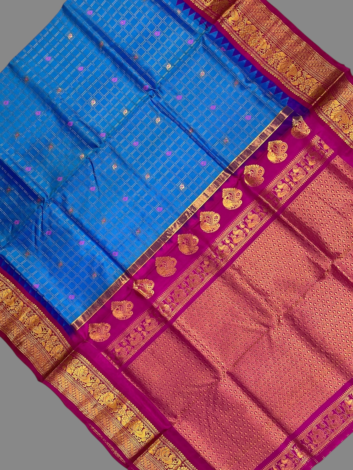 Humsa Big Checks Blue Pure Silk Saree