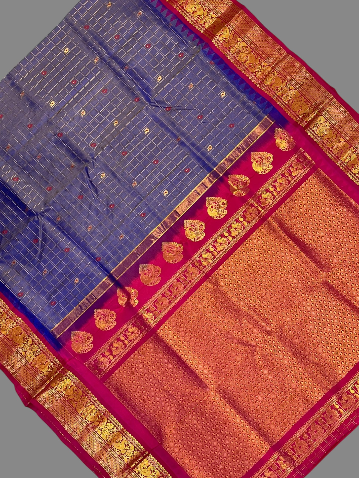 Humsa Big Checks Dark Lavender Pure Silk Saree