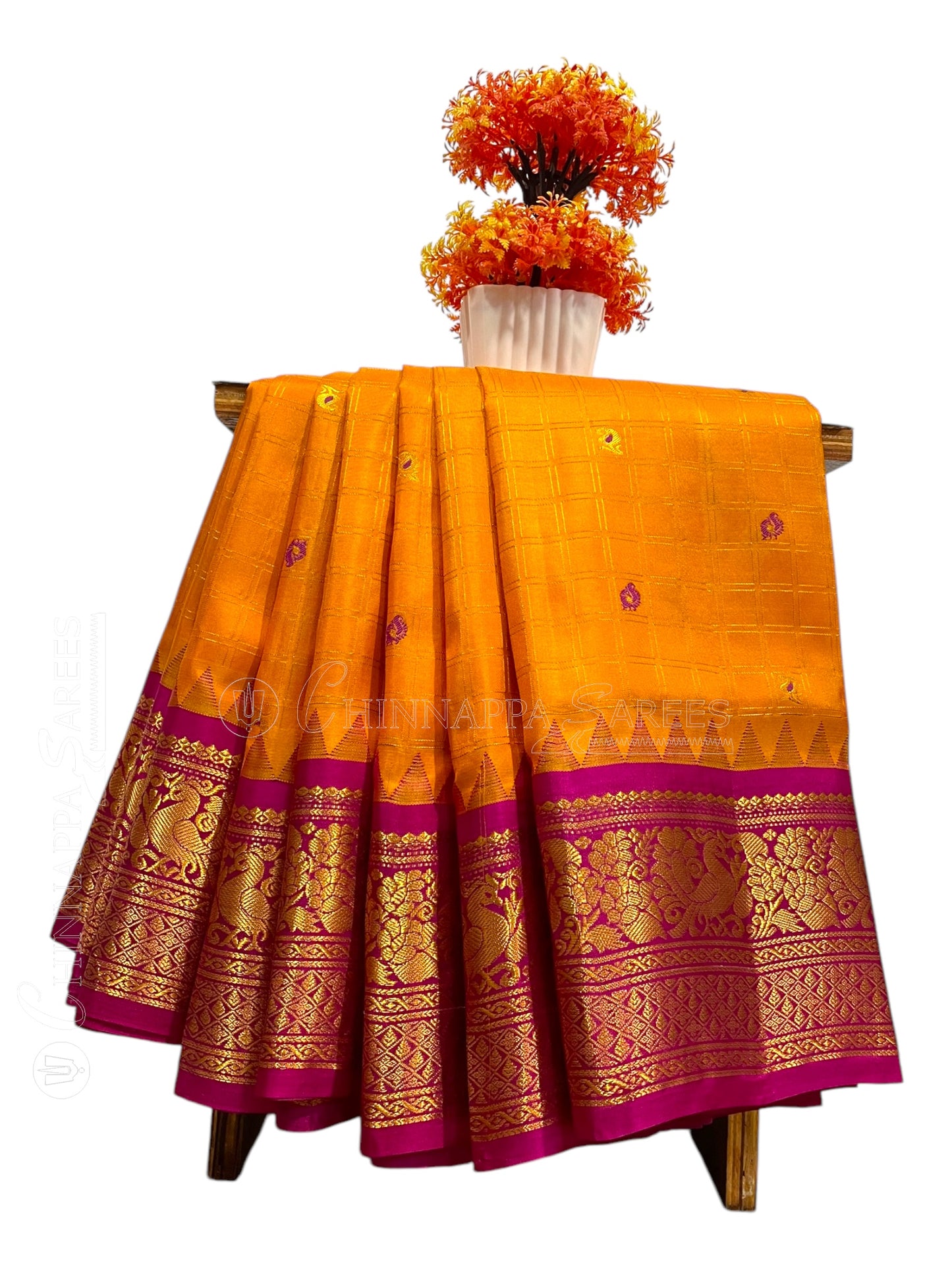 Humsa Big Checks Orange Pure Silk saree