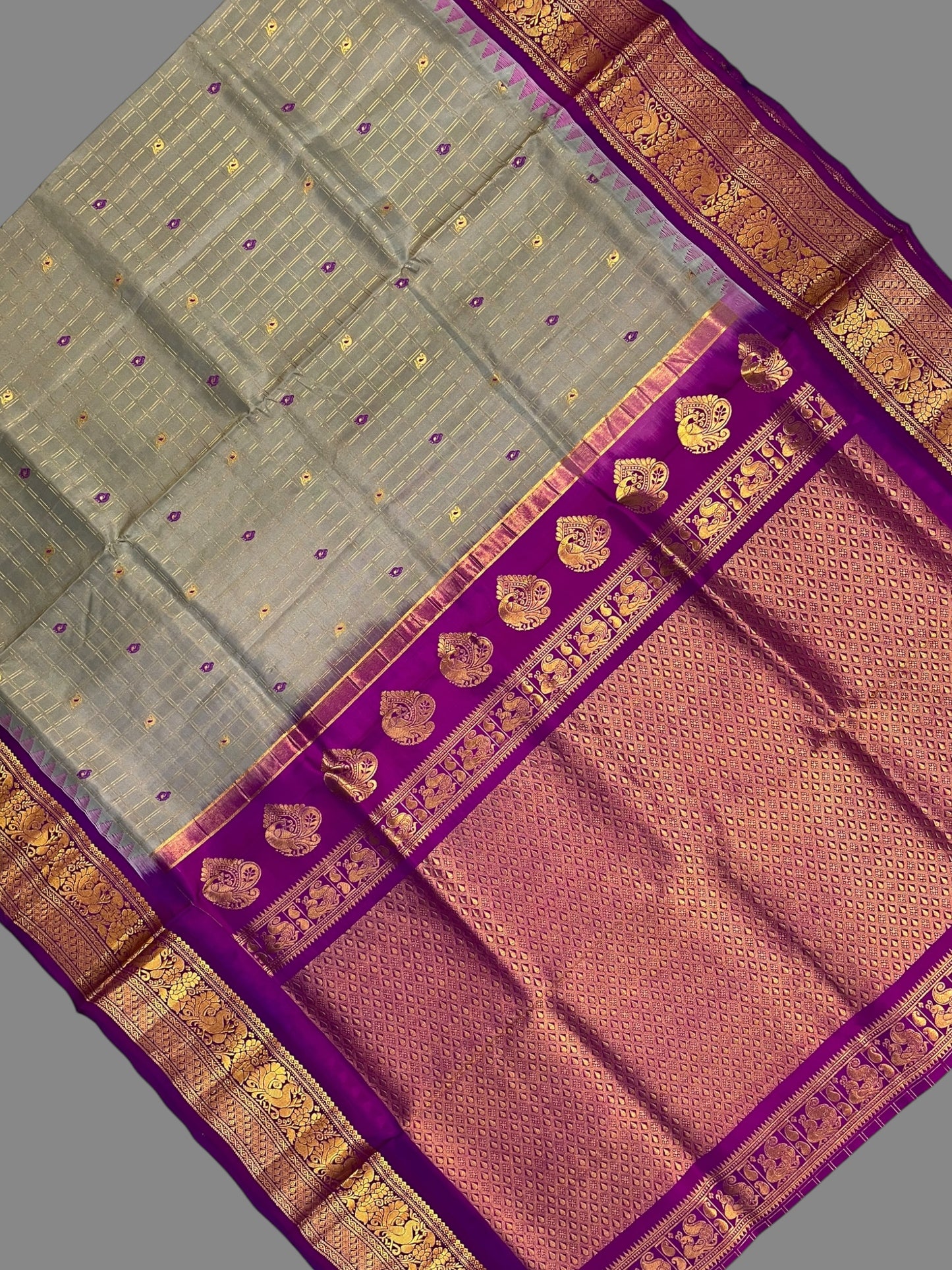 Humsa Big Checks Light Grey  Pure Silk Saree