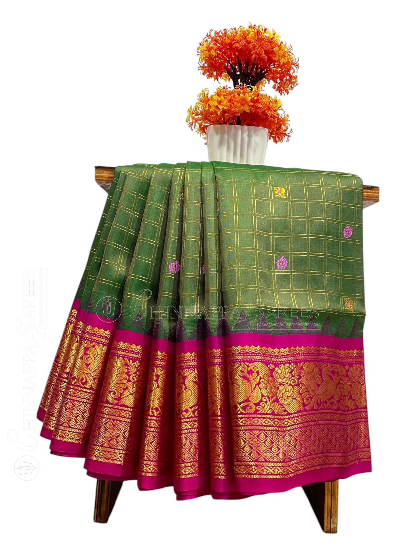 Humsa Big Checks Dark Green Pure Silk Saree