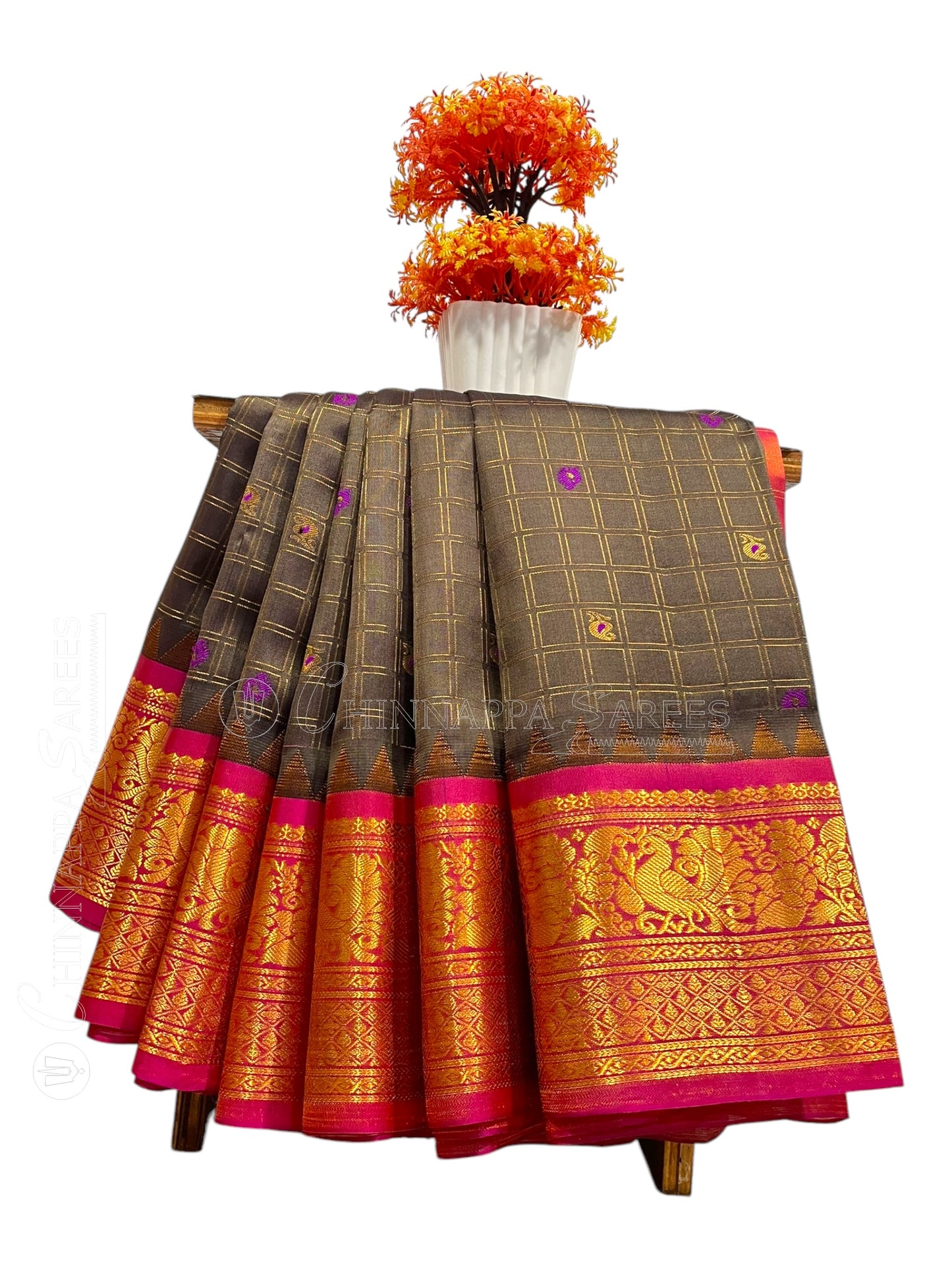 Humsa Big Checks Brown Pure Silk Saree