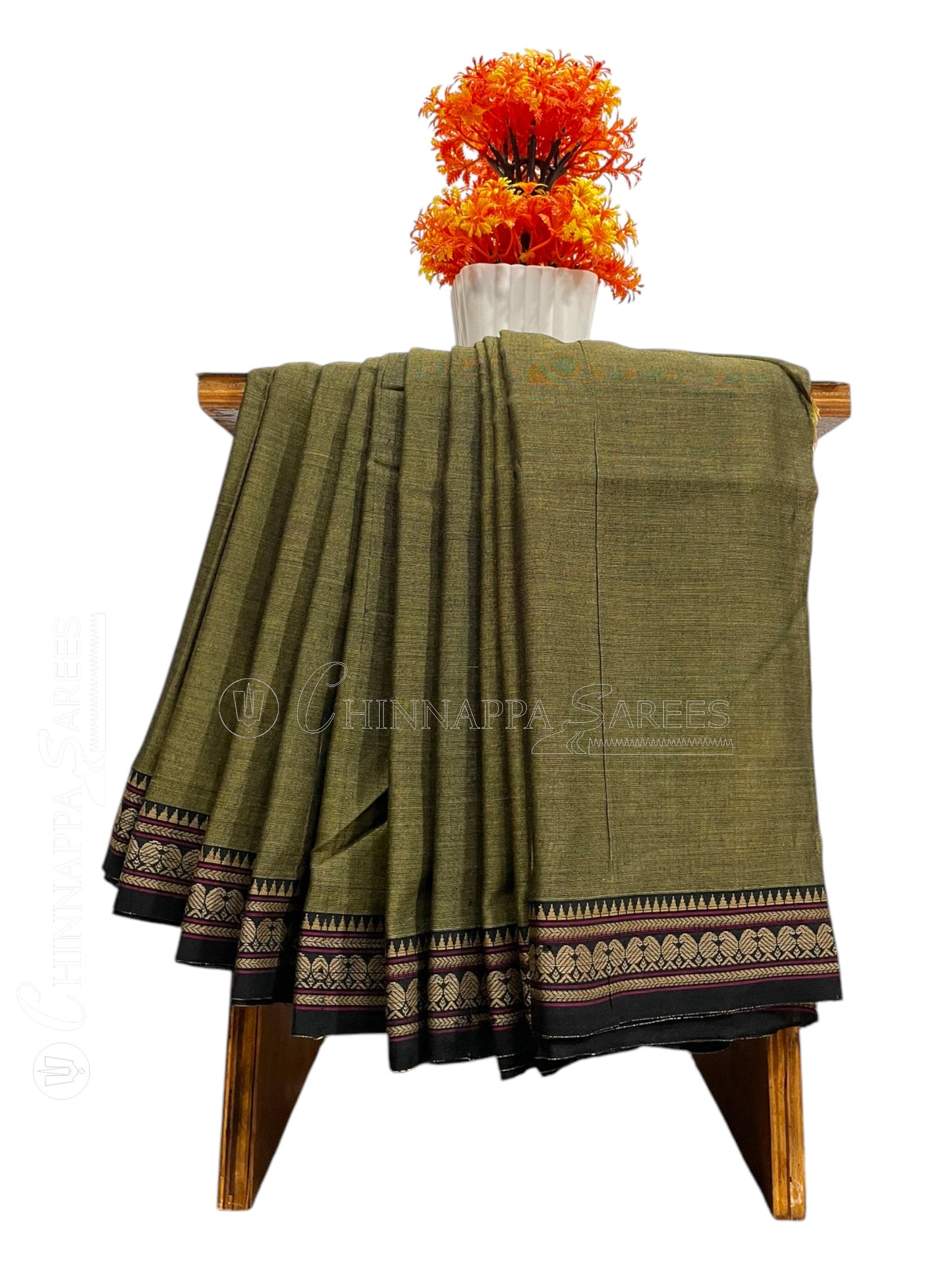 Narayanpet Cotton Mehendi Green Saree CS413