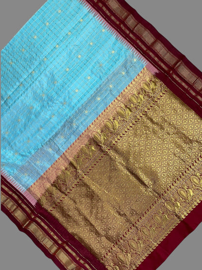 Peshwai Big Checks Light Blue Pure Silk Saree