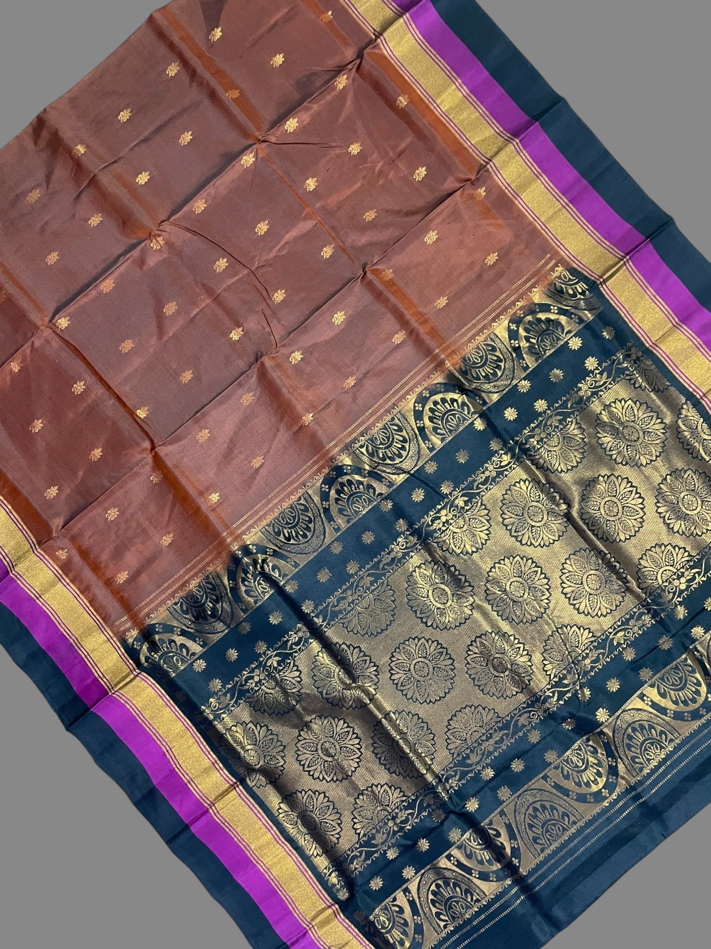 Narayanpet Double Border Brown Silk Saree