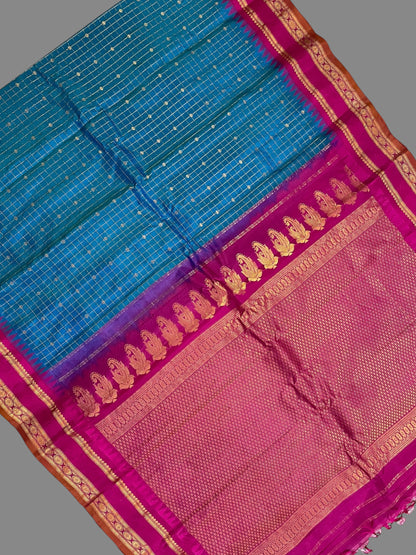 Gap Border Checks Ananda Blue Pure Silk Saree