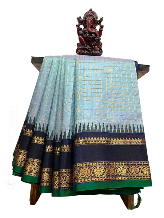 Gadwal Border Checks Blue Grey  Pure Silk Saree