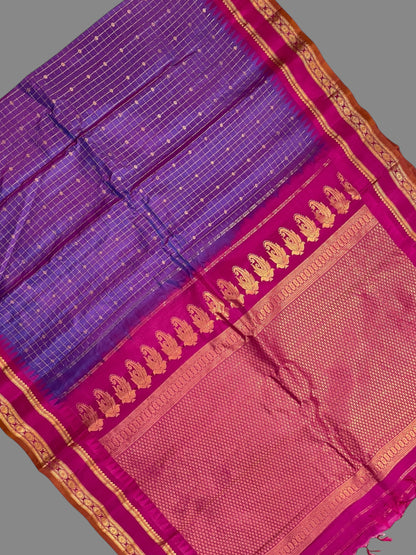 Gap Border Checks Violet Pure Silk Saree