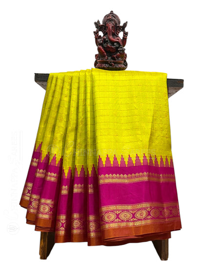 Gadwal Border Checks Lemon Pure Silk Saree