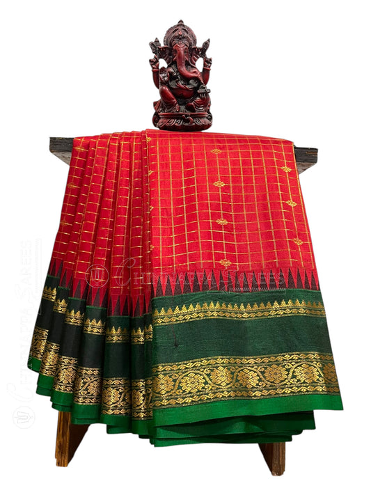 Gadwal Border Checks Red Pure Silk Saree