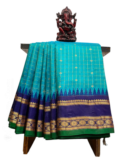 Gap Border Checks Rama BlueColour  Pure Silk Saree