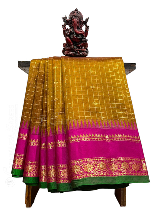 Gap Border Checks Golden Pure Silk Saree