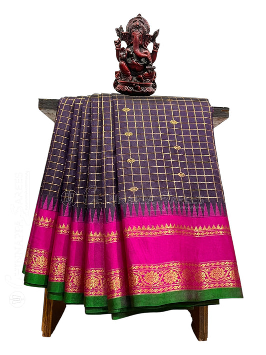 Gap Border Checks Dark Purple Pure Silk Saree