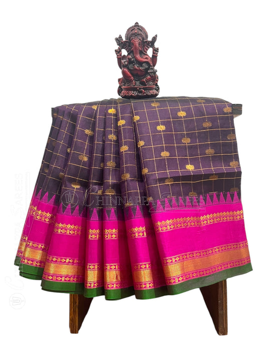 Gap Border Checks Dark Purple Pure Silk Saree