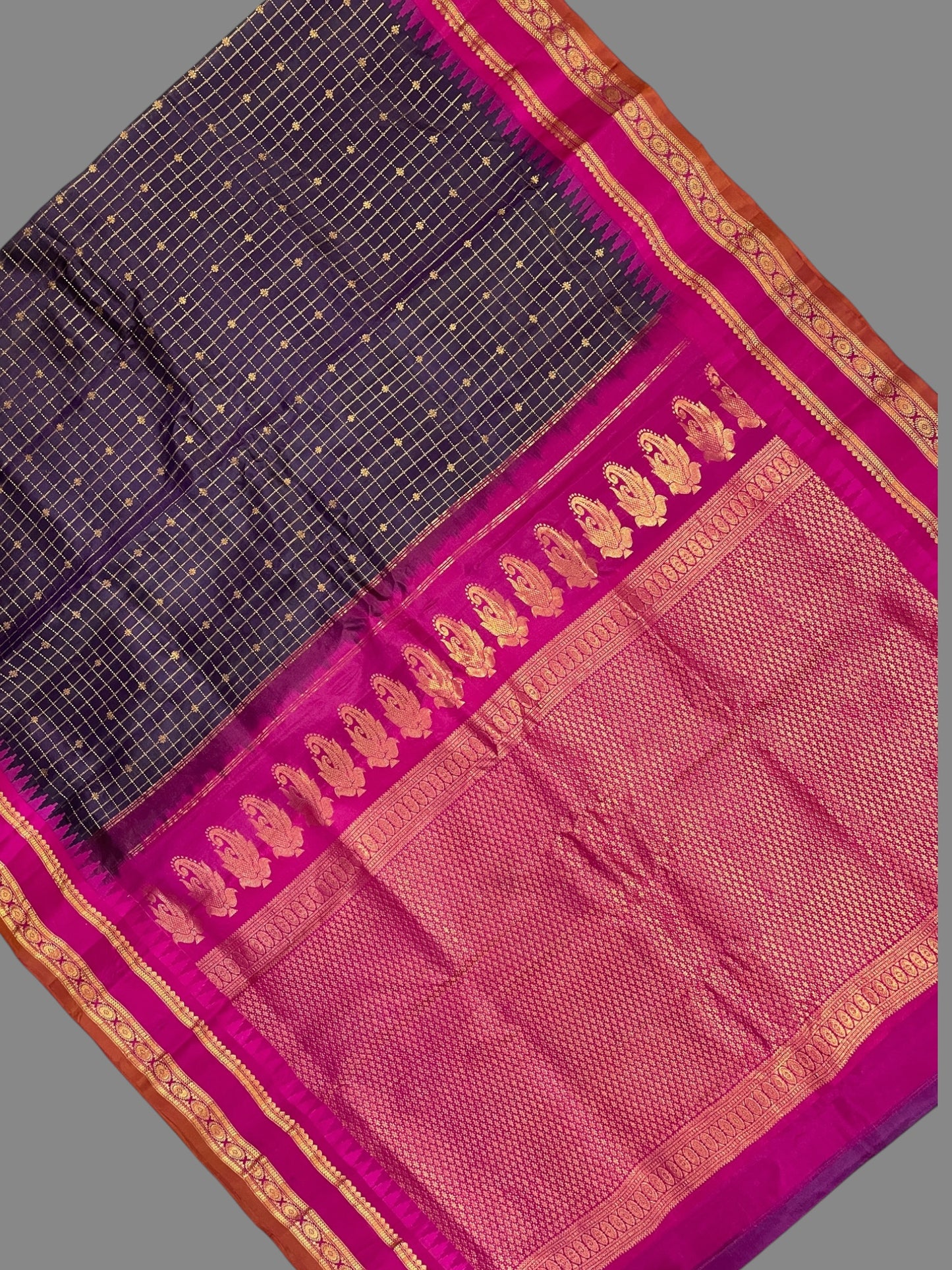 Gap Border Checks Dark Purple Pure Silk Saree