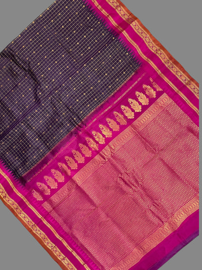 Gap Border Checks Dark Purple Pure Silk Saree