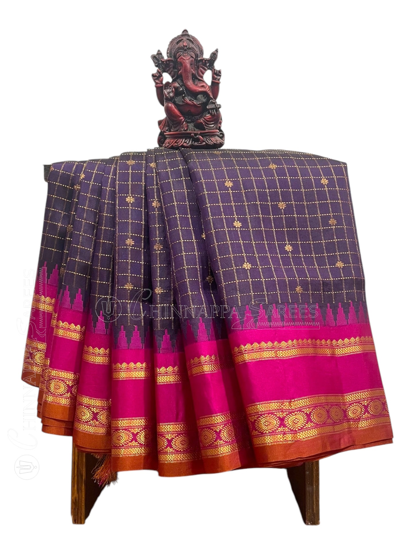 Gap Border Checks Dark Purple Pure Silk Saree