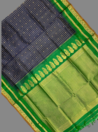 Gap Border Checks Navy Blue Pure Silk Saree