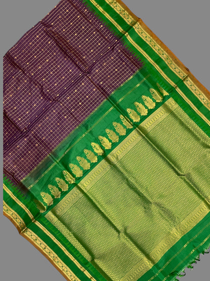 Gap Border Checks Deep Purple Pure Silk Saree