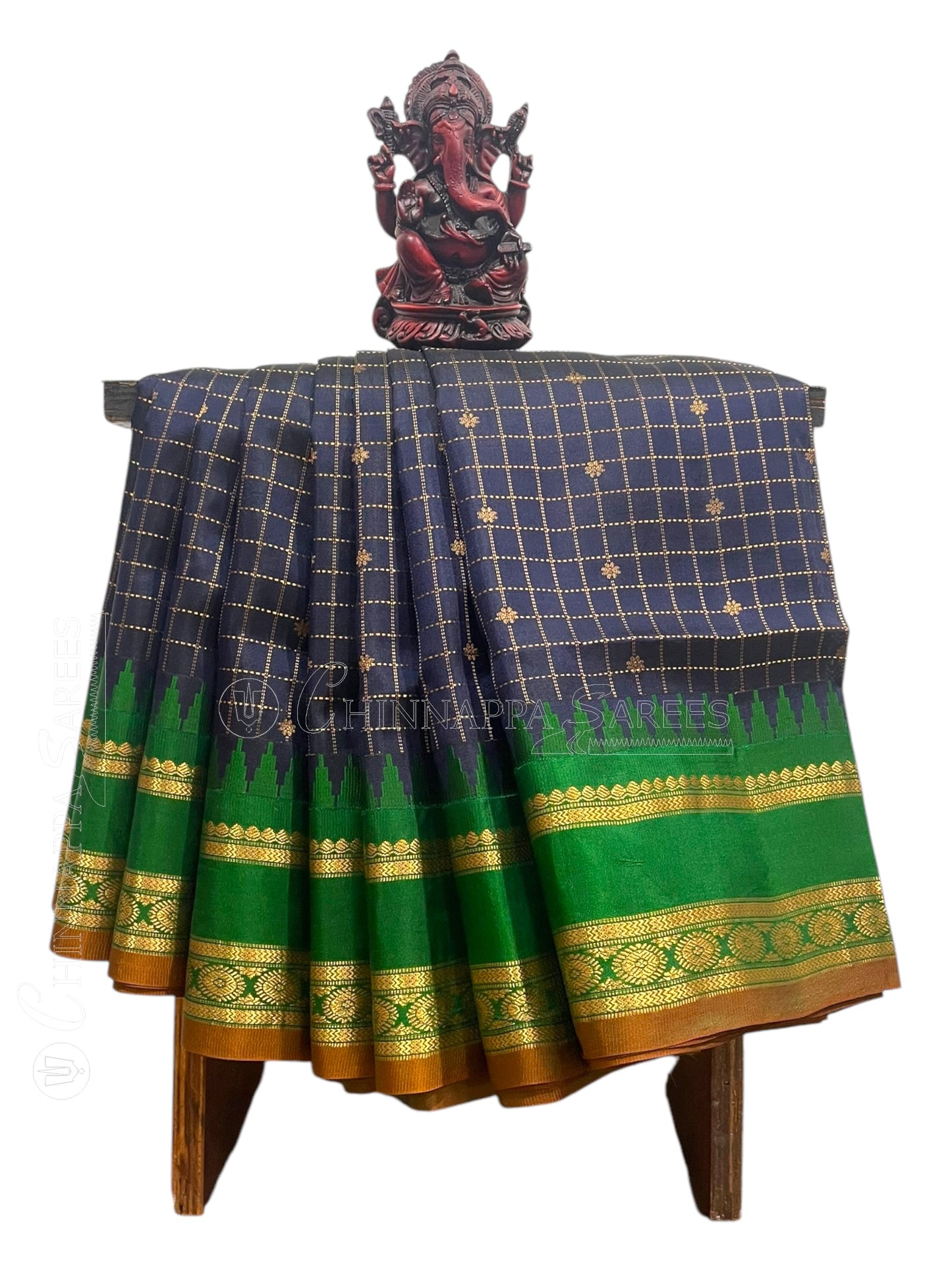 Gap Border Checks Navy Blue Pure Silk Saree