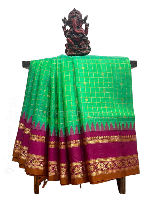 Gap Border Checks Mint Green  Pure Silk Saree