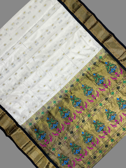 Paithani White Pure Silk Saree