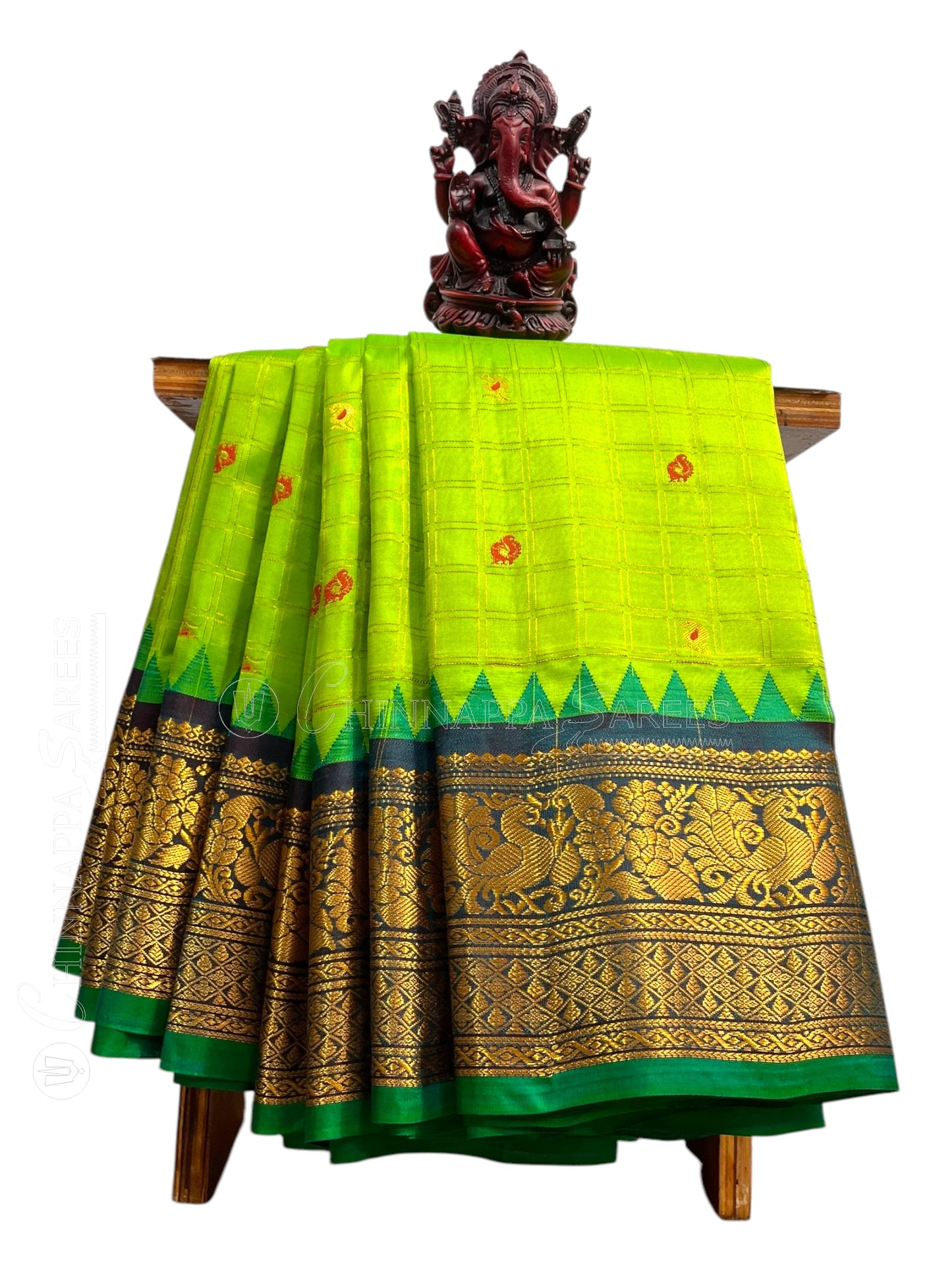 Humsa Big Checks Parrot Green Pure Silk Saree