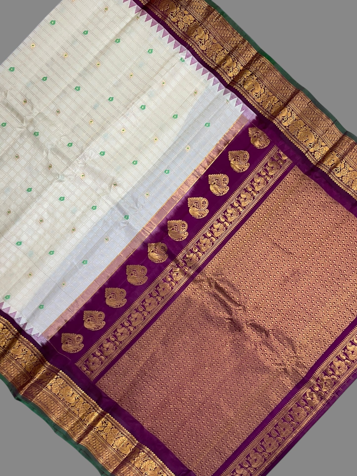 Humsa Big Checks Half White Pure Silk Saree